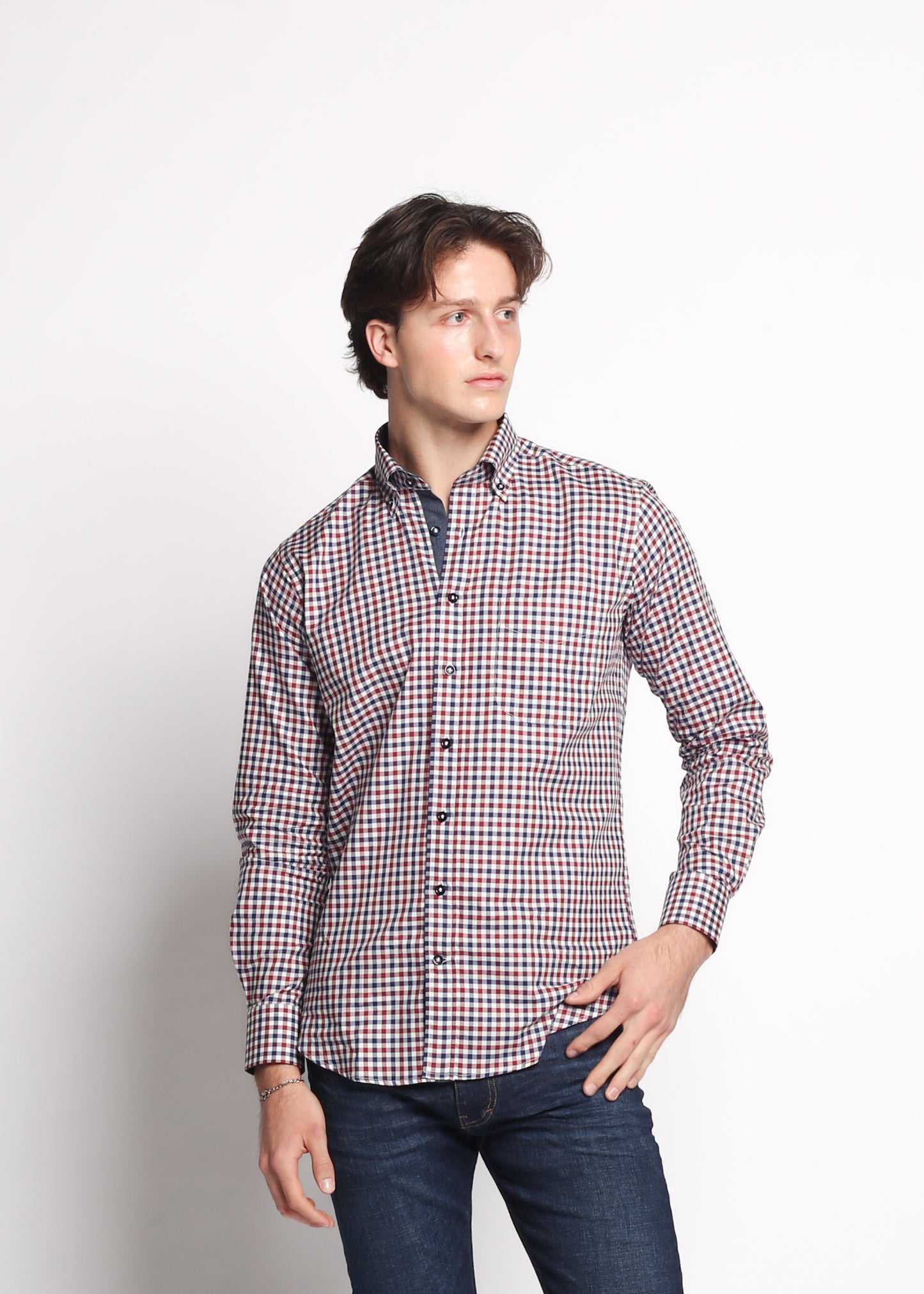 Dei Vinc Men's Shirts 100% Cotton Voile in Brown/Blue Plaid