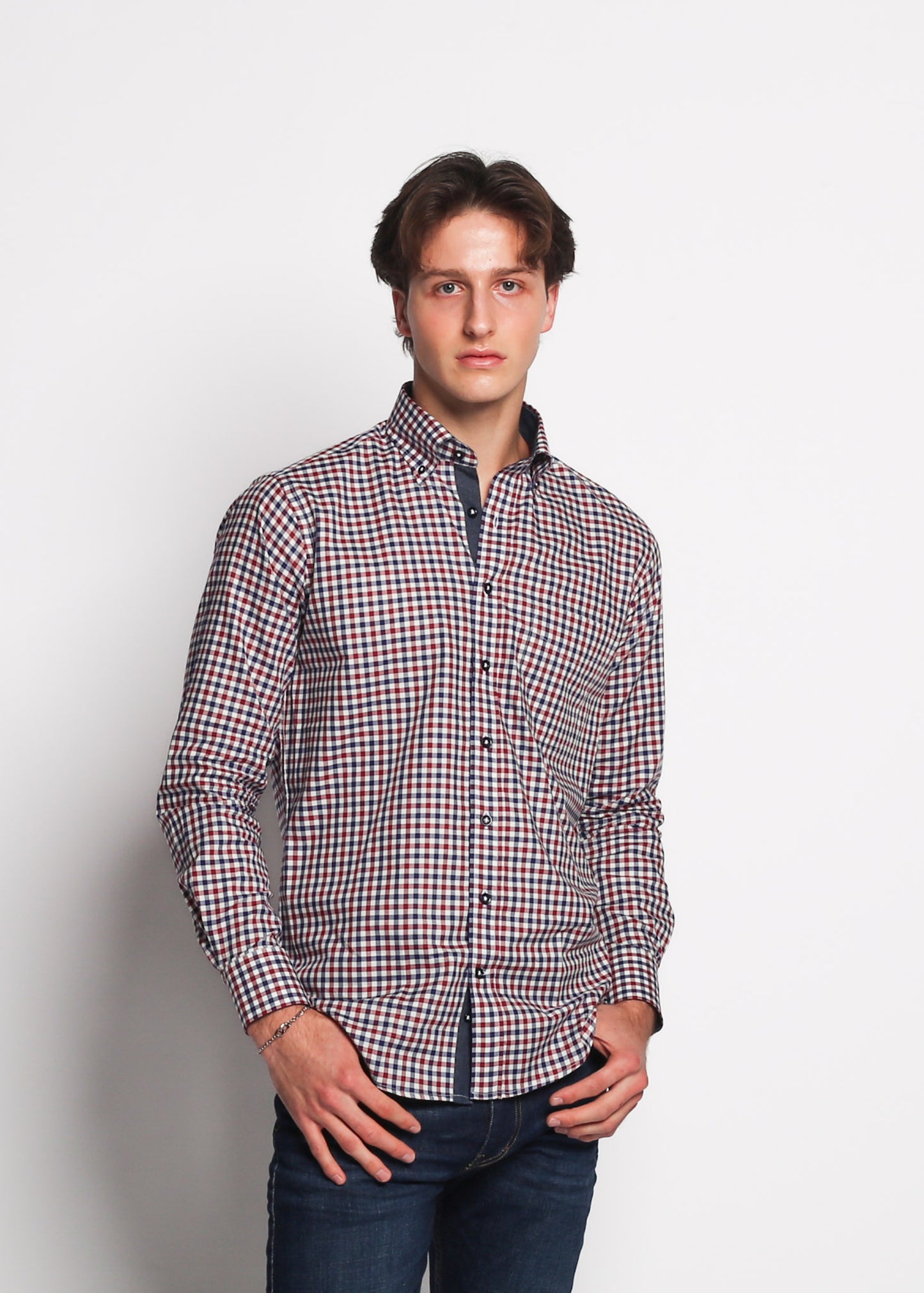 Dei Vinc Men's Shirts 100% Cotton Voile in Brown/Blue Plaid