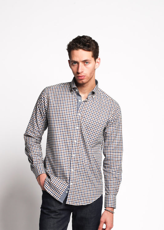 Dei Vinc Men's Shirts 100% Cotton Voile in Red/Blue Plaid