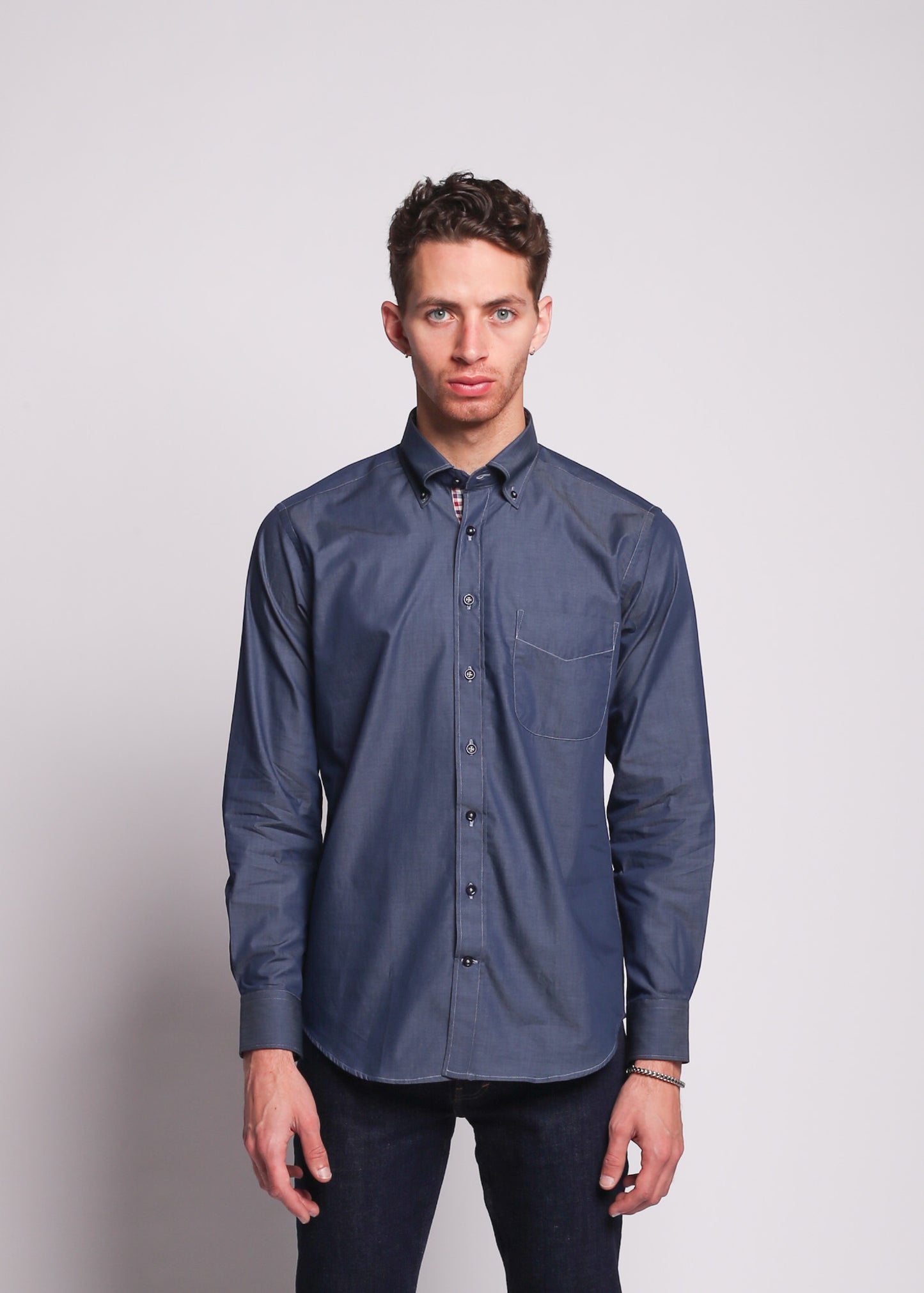 Dei Vinc Men's Shirts Raw Denim with Red Plaid Detail